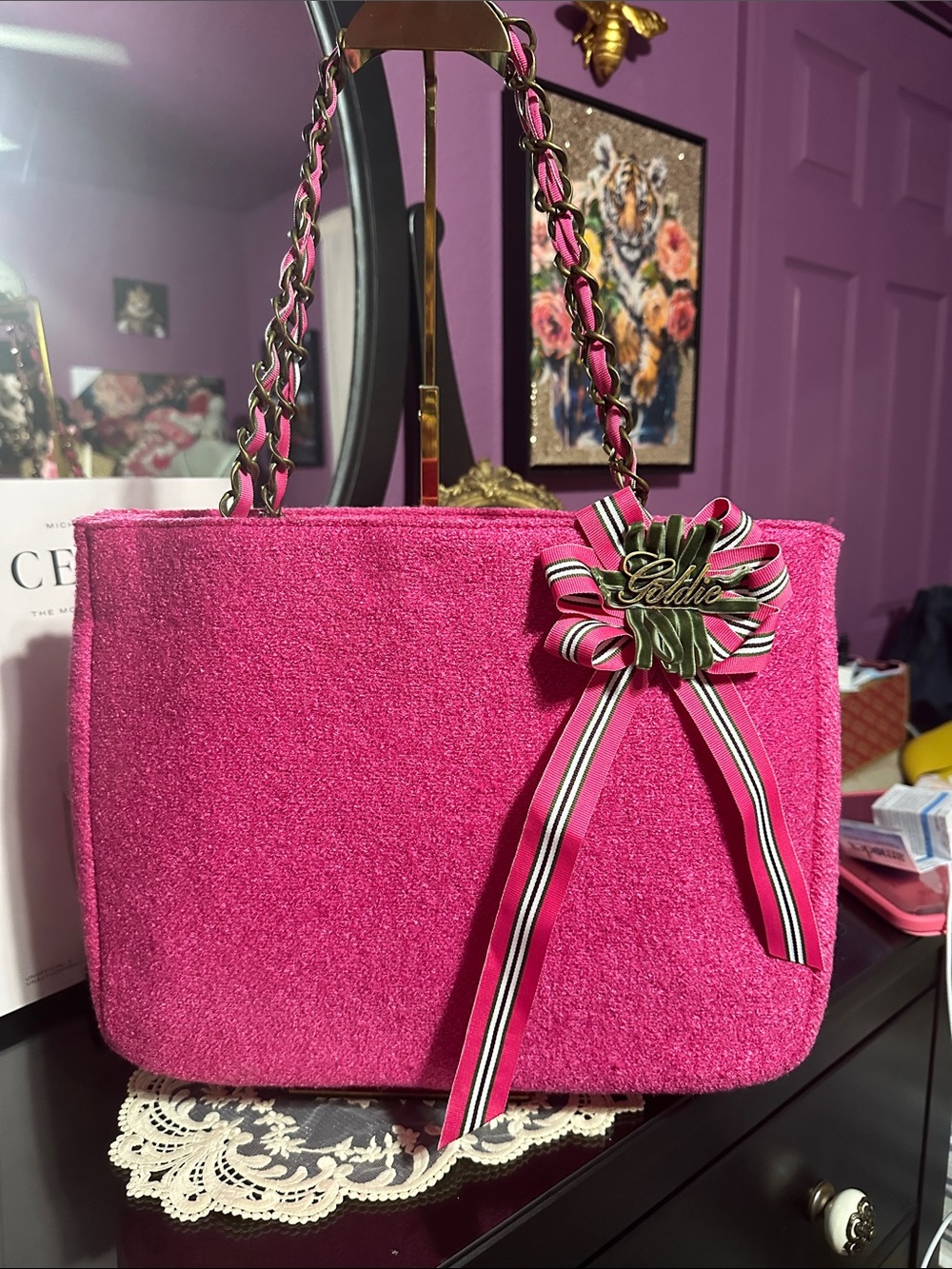 Goldie Bright Pink Chain-Handle Tote with Ribbon Bow